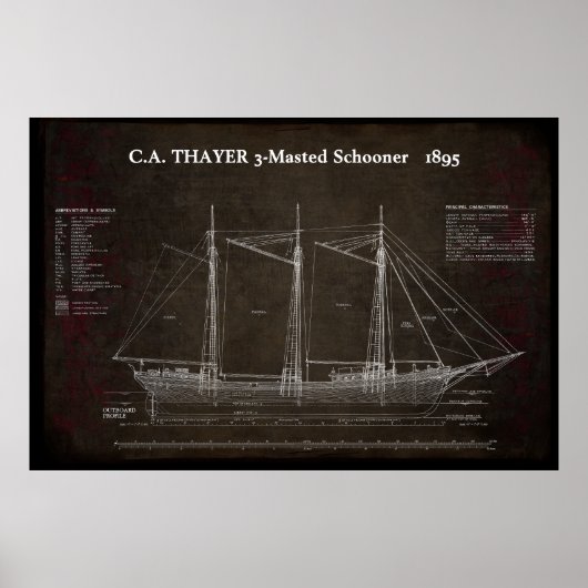 C.A. THAYER 3マスタースーナー設計図1895 ポスター (正面)