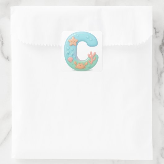 "C" Cute Bubble Letter - Underwater Sea Creature A スクエアシール (バッグ)