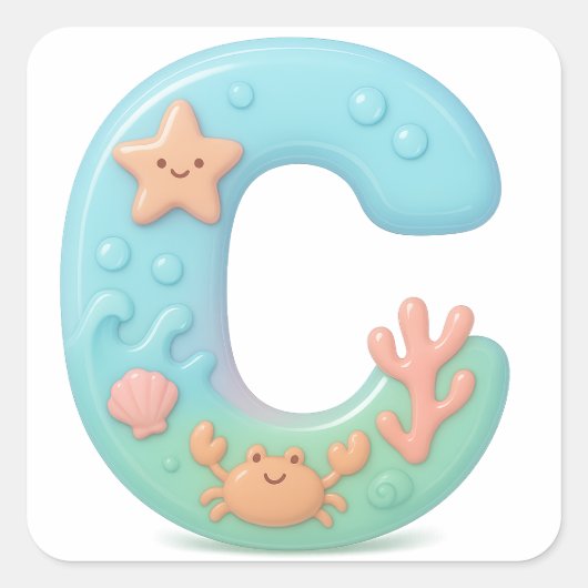 "C" Cute Bubble Letter - Underwater Sea Creature A スクエアシール (正面)