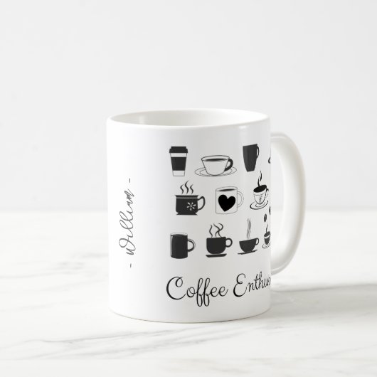 C₈H₁₀N₄O₂式、カフェインの化学構造 コーヒーマグカップ (正面右)