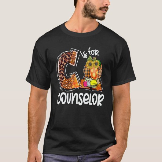 C Is For Counselor Leopard Pumpkin Fall Thanksgivi Tシャツ (正面)