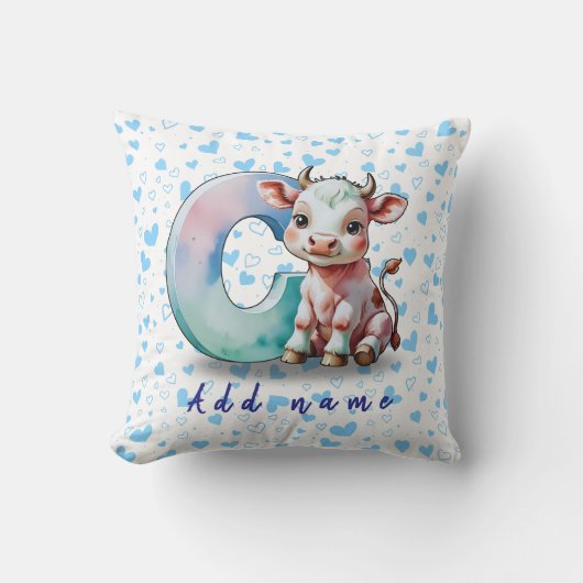 C is for Cow – Baby Pillow with Blue Heart  クッション (正面)