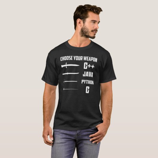 C++, Java, Python, C コーディングプロの武器を選べ Tシャツ (正面フル)