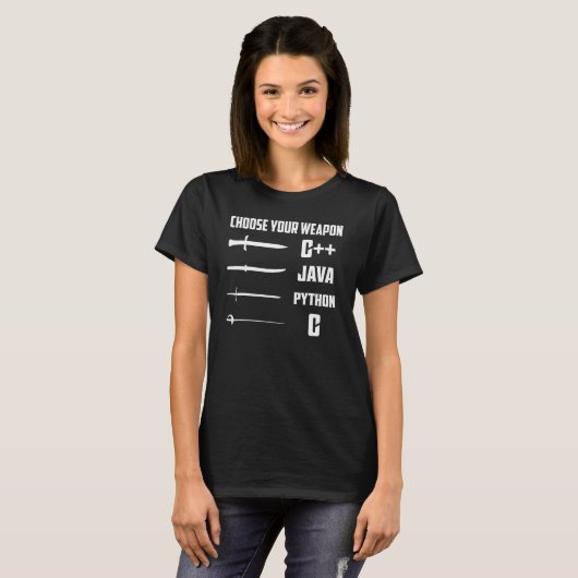 C++, Java, Python, C コーディングプロの武器を選べ Tシャツ (正面フル)
