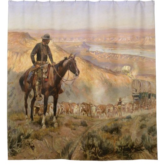 C Mラッセルワゴンボスヴィンテージ西カウボーイ シャワーカーテン (正面)