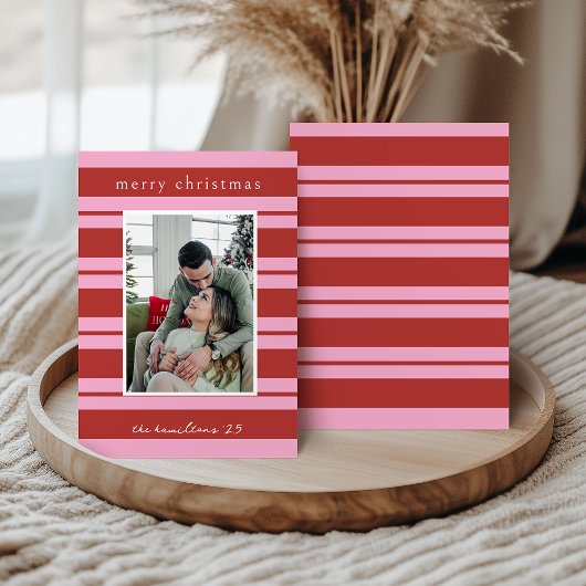 Cabana Pink and red Stripe Preppy Christmas card 招待状
