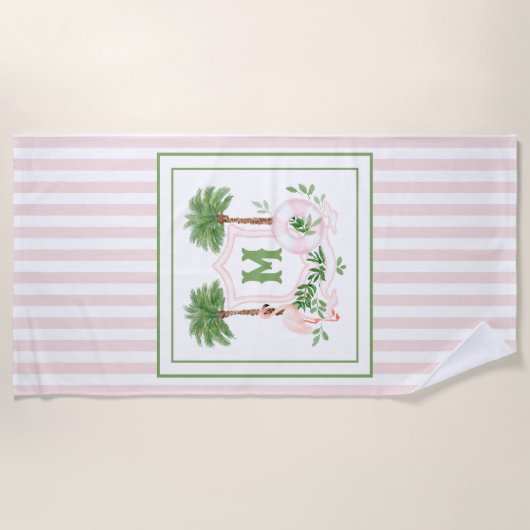 Cabana Stripes Palm Beach Monogram Crest ビーチタオル (正面)