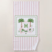 Cabana Stripes Palm Beach Monogram Crest ビーチタオル (正面)