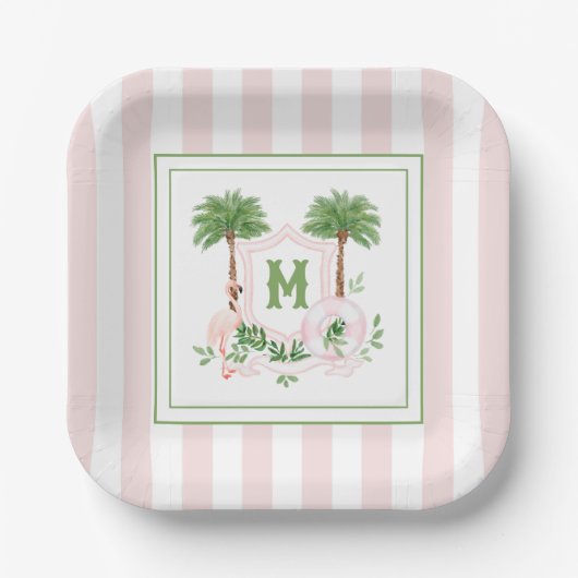Cabana Stripes Palm Beach Monogram Crest Enclosure ペーパープレート (正面)