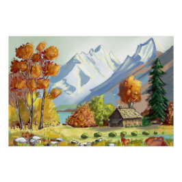 Cabane en montagne couleurs d'automne. peinture. ポスター