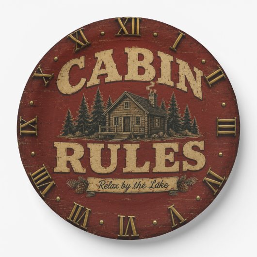 Cabin Rules Rustic Lake Cabin ペーパープレート (正面)