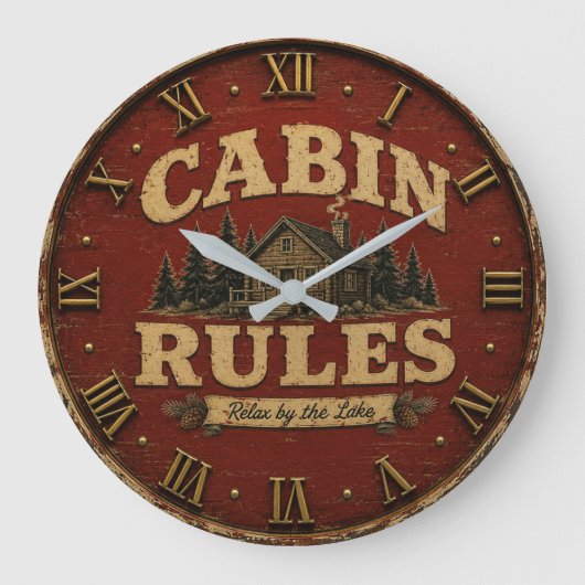 Cabin Rules Rustic Lake Cabin ラージ壁時計 (正面)