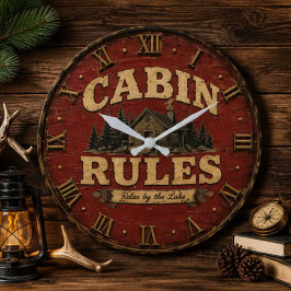 Cabin Rules Rustic Lake Cabin ラージ壁時計