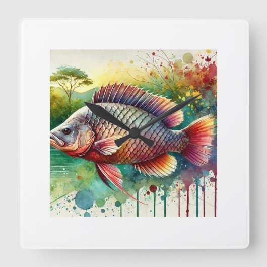 Cacique Fish 190624AREF111 - Watercolor スクエア壁時計 (正面)