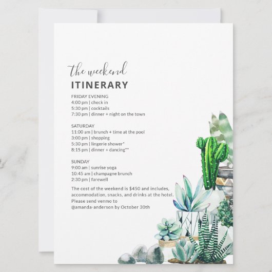 Cactiバチェロレッテ週末パーティーの日程 招待状 (裏面)