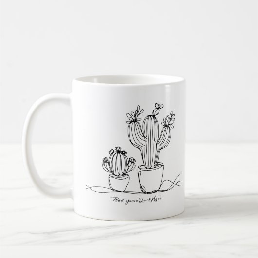 Cacti抽象芸術ラインアートとパーソナライズされた文字 コーヒーマグカップ (左)