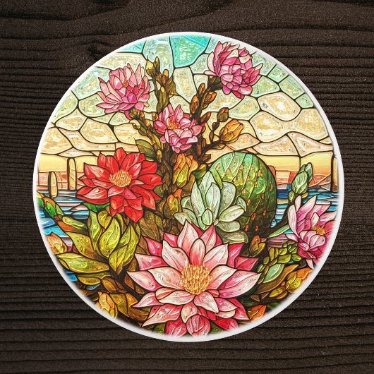 Cacti Desert Pink Flowers Faux Stained Glass セラミックノブ
