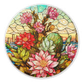 Cacti Desert Pink Flowers Faux Stained Glass セラミックノブ (正面)