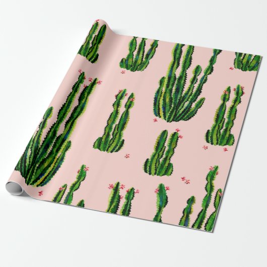 Cacti seamless pattern watercolor. Cactus in bloss ラッピングペーパー (アンロールド)