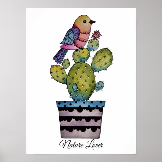 Cactus And Rainbow Bird In Watercolor ポスター (正面)