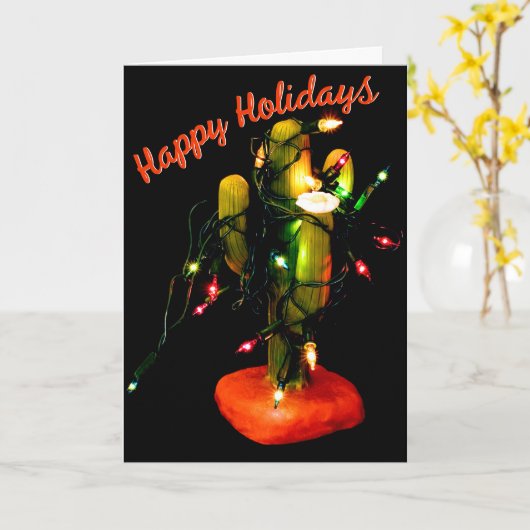 Cactus Candle Wrapped in Christmas Lights カード (黄色い花)