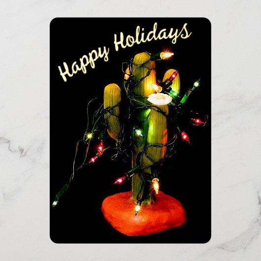 Cactus Candle Wrapped in Christmas Lights 箔シーズンカード (正面)