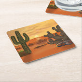 Cactus dans le desert, couleurs automne chaudes. スクエアペーパーコースター (アングル)