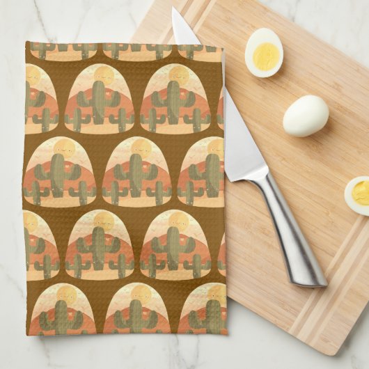 Cactus Desert With Sun キッチンタオル (四つ折り)