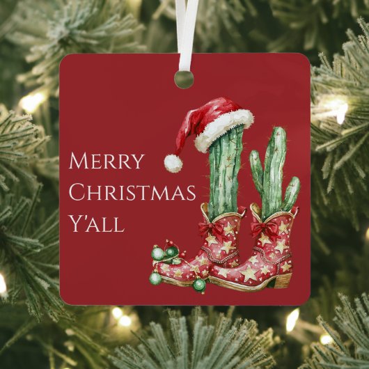Cactus Hat Stars Western Cowboy Boots Christmas メタルオーナメント (インサイチュ)