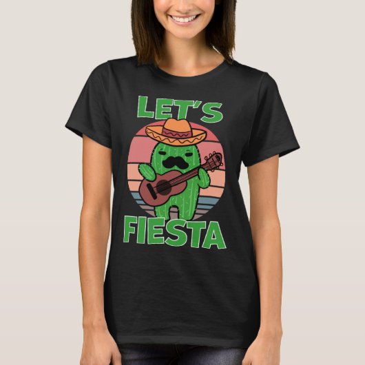 Cactus Let s Fiesta Guitar Sombrero Mustache Tシャツ (正面)
