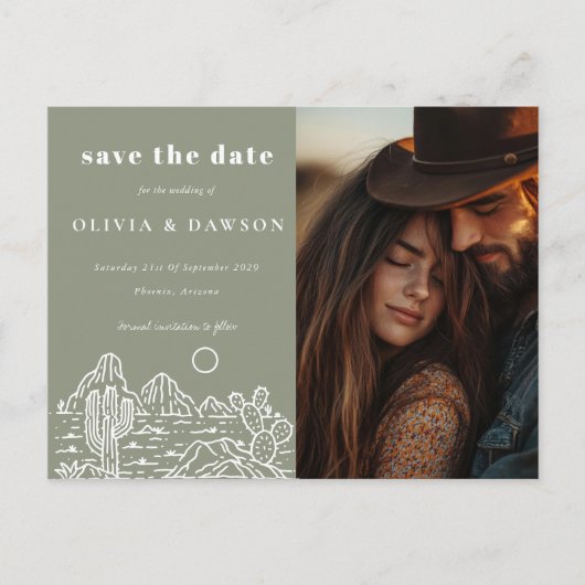 Cactus Line Art Desert Photo Save the Date ポストカード (正面)
