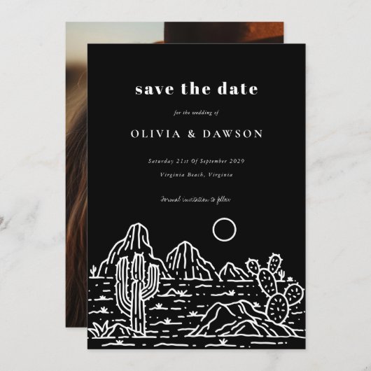 Cactus Line Art Desert Photo Save the Date 招待状 (正面/裏面)