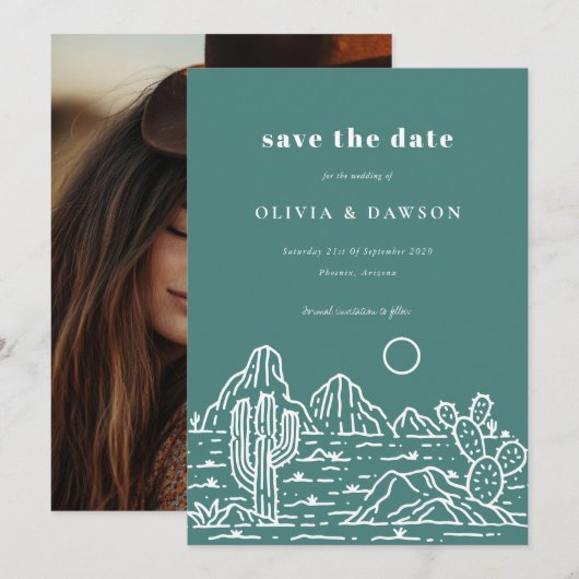 Cactus Line Art Desert Photo Save the Date 招待状 (正面/裏面)