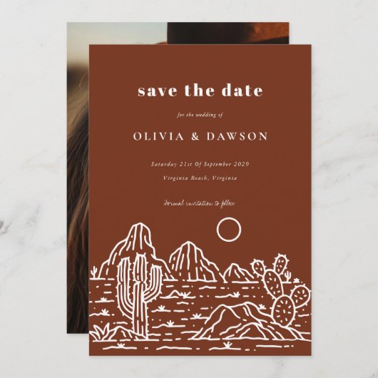 Cactus Line Art Desert Photo Save the Date 招待状 (正面/裏面)