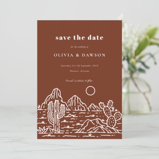 Cactus Line Art Desert Photo Save the Date 招待状 (スタンド正面)
