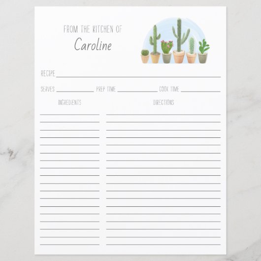 Cactus Plants Succulents Recipe Card Binder Insert (正面)