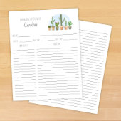 Cactus Plants Succulents Recipe Card Binder Insert