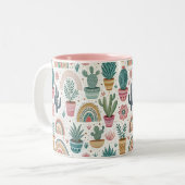 Cactus Pot with Plants, Flowers and Rainbows ツートーンマグカップ (正面左)