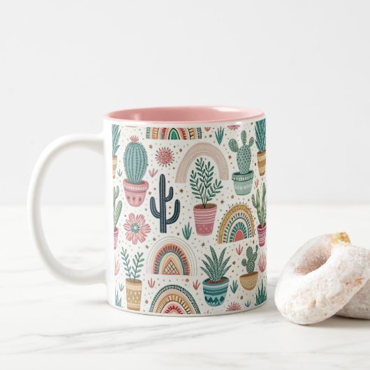 Cactus Pot with Plants, Flowers and Rainbows ツートーンマグカップ (ドーナツ)