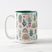 Cactus Pot with Plants, Flowers and Rainbows ツートーンマグカップ (左)
