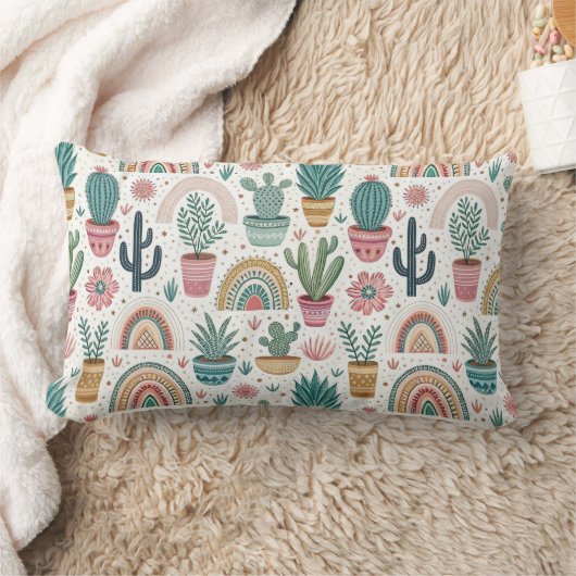 Cactus Pot with Plants, Flowers and Rainbows ランバークッション (ブランケット)
