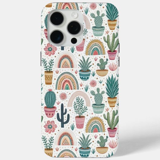 Cactus Pot with Plants, Flowers and Rainbows Case-Mate iPhoneケース (裏面)