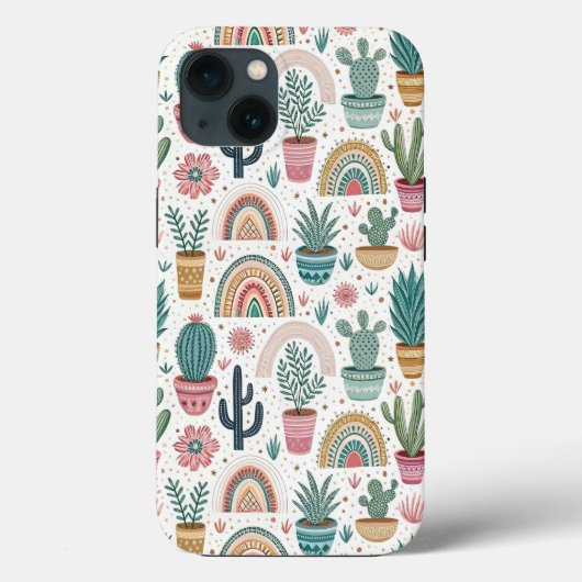 Cactus Pot with Plants, Flowers and Rainbows Case-Mate iPhoneケース (裏面)