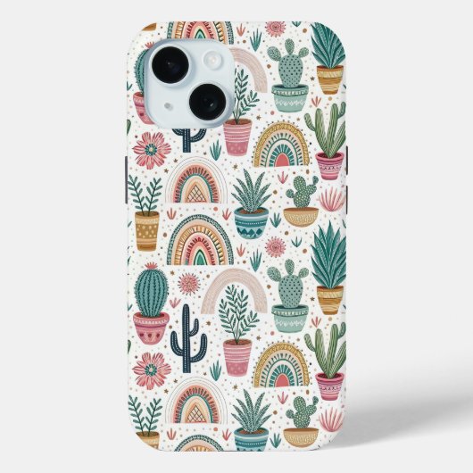 Cactus Pot with Plants, Flowers and Rainbows Case-Mate iPhoneケース (裏面)