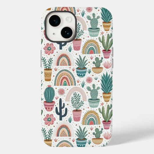 Cactus Pot with Plants, Flowers and Rainbows Case-Mate iPhoneケース (裏面)