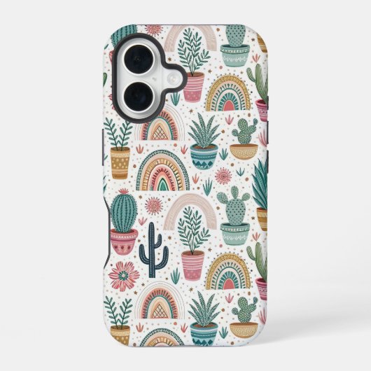 Cactus Pot with Plants, Flowers and Rainbows iPhone 16ケース (裏面)