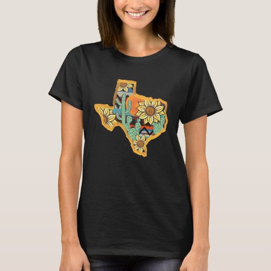 Cactus & Sunflower Texas Map Texas State Texas Hom Tシャツ (正面)
