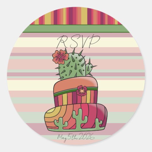 Cactus Wedding "RSVP" Sticker ラウンドシール (正面)