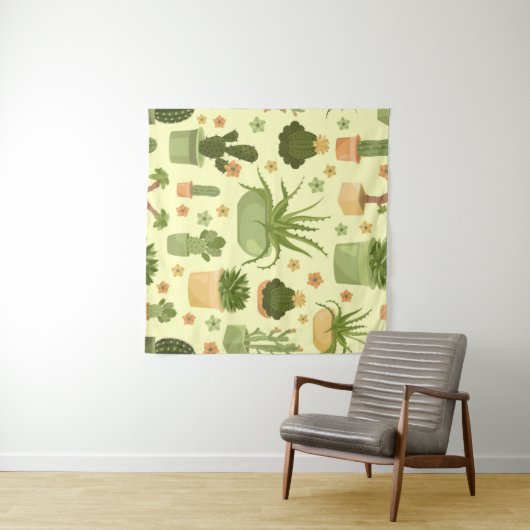 Cactuses and succulents seamless pattern. Housepla タペストリー (インサイチュ(横))