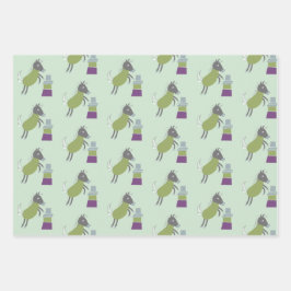 cadeau papier 3 vel paardjes groen roze ラッピングペーパーシート